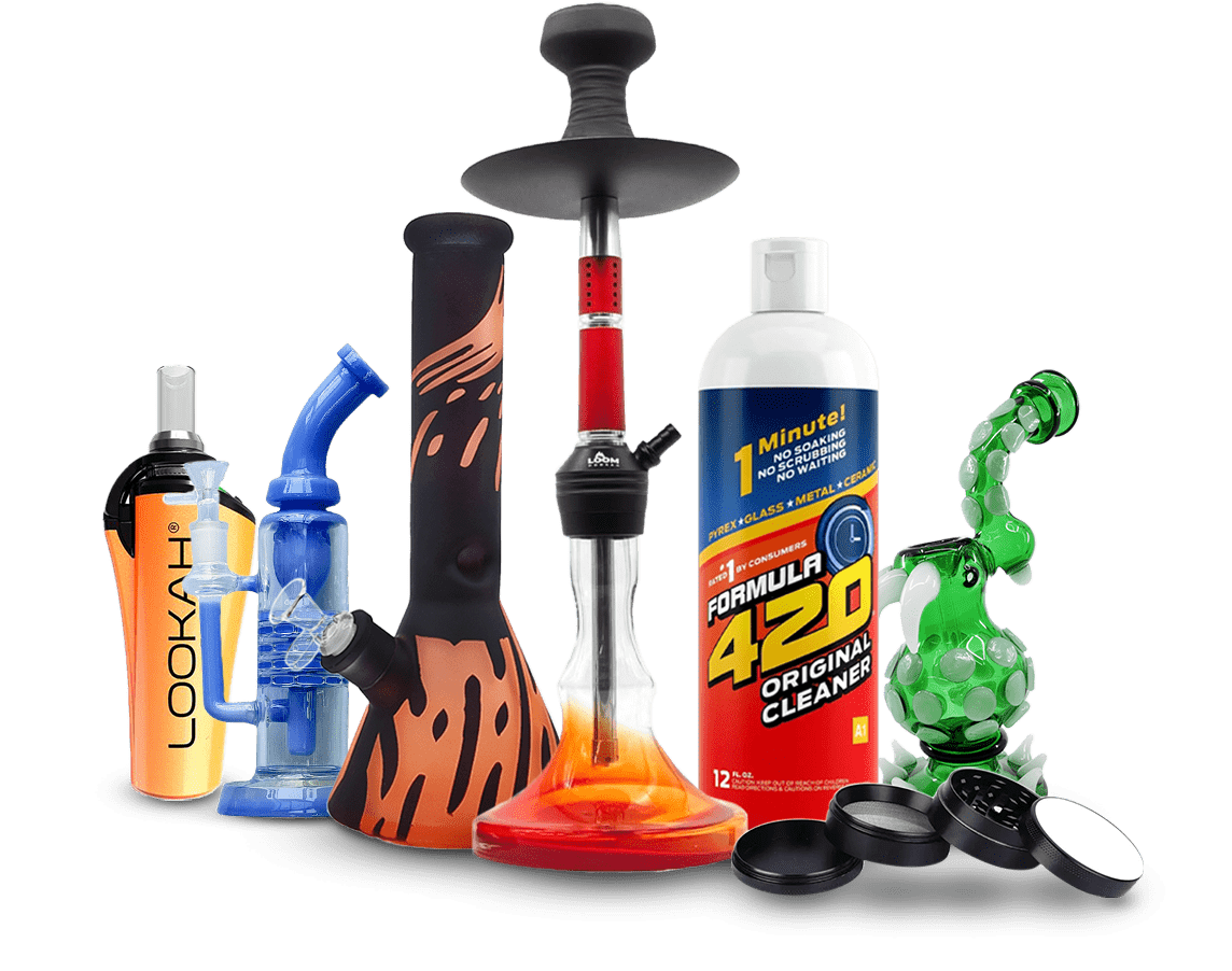 Assorted smoking accessories on display – Pipe King LLC LA Wholesale Smoke Shop & Accessories