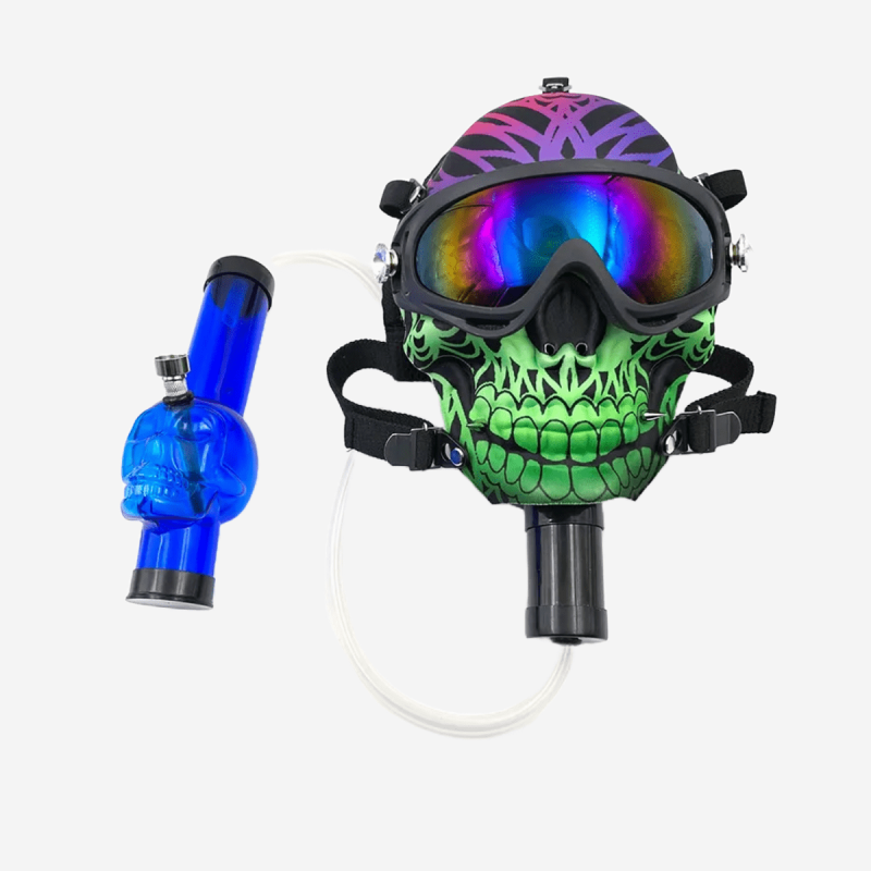 Skull Bong Mask by Pipe420 – green skull-face gas mask smoking accessory with glass bong attachment for collectors, available in gas mask smoking accessories bulk Los Angeles, CA – distributed by Pipe420