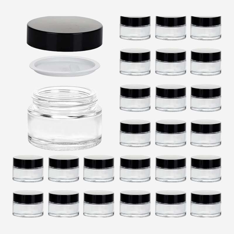 1oz Glass Jar with Lid by Pipe420 – compact clear glass storage jar with black screw lid for herbs and concentrates, ideal for smoking accessory storage wholesale Los Angeles, CA – distributed by Pipe420
