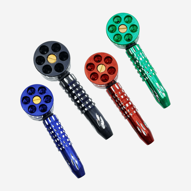 Revolver-shaped metal pipe and grinder set for an ultimate six-shooter smoking experience – Pipe King LLC LA Wholesale Smoke Shop and Accessories