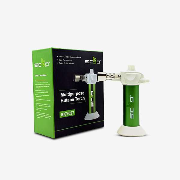 Sicko SKY-027 Torch Lighter – compact refillable butane torch with 2500°F adjustable jet flame, shown in multiple colors (Silver, Green, Red, Blue)