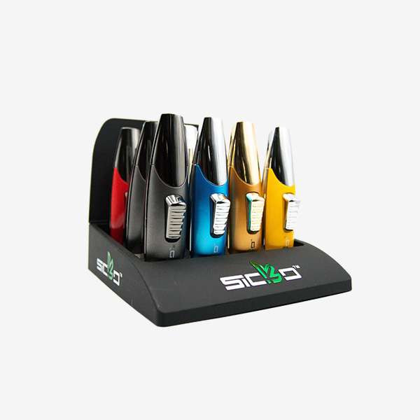 SKC-003 Premium Butane Lighter in Yellow, Gold, Red, Blue, and Gunmetal colors – featuring a windproof flame, ergonomic grip, and durable metal body.