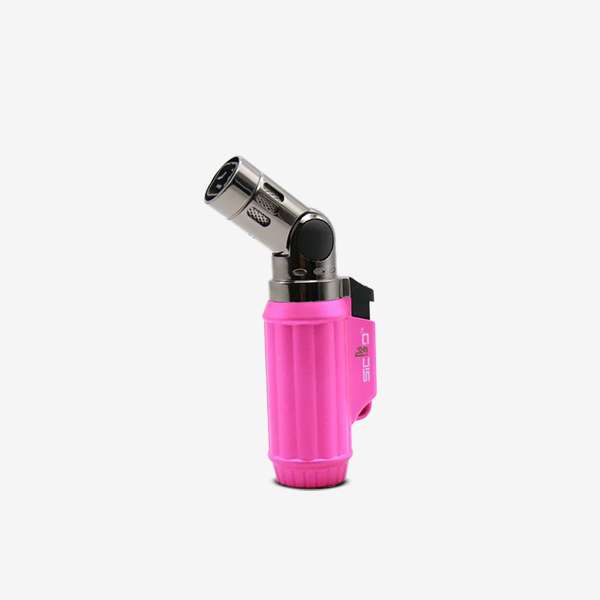 a pink lighter with a silver tip