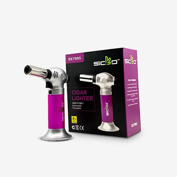 Sicko SKY-095 Torch Lighter with adjustable 2500°F flame, piezo ignition, safety switch, and attachable base — available in Silver, Purple, Red, and Blue.