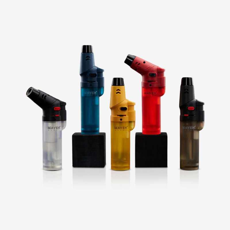Alpha+ Transparent Torch Lighter – 5 Pack with adjustable 8-position head and windproof jet flame, refillable butane lighters in transparent Black, Red, Blue, Green, and White. Ideal for wholesale smoke shops.