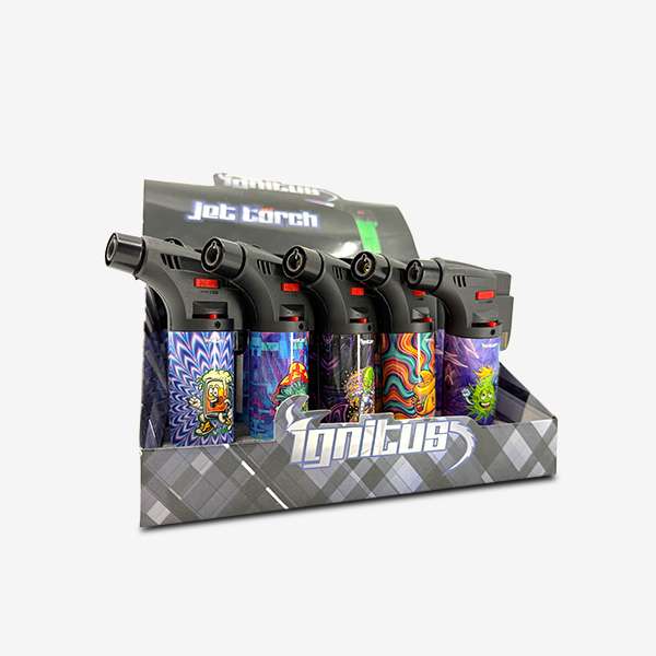 Ignitus Jet Torch Printed – Assorted colorful designs with windproof jet flame and refillable butane tank