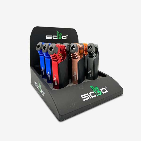 SKC-001 Premium Butane Lighter in red, gunmetal, rose gold, copper, and blue – sleek design with windproof flame