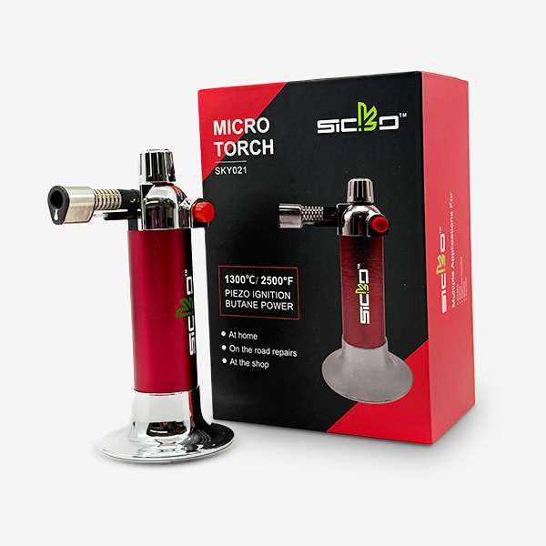 Sicko SKY-021 Torch Lighter – compact, refillable butane torch with 2500°F windproof flame in Gold, Silver, and Red colors.