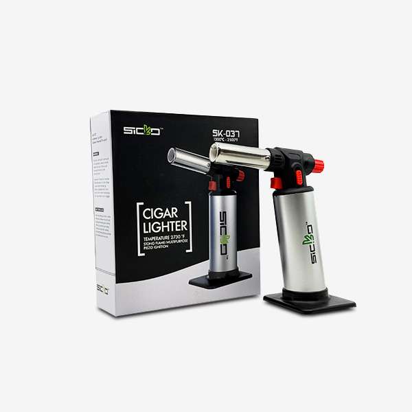 Sicko SK-037 Torch Lighter in black and silver, featuring a 2730°F flame, piezo ignition, and ergonomic aluminum body – 7.25 inches tall, 13 oz.