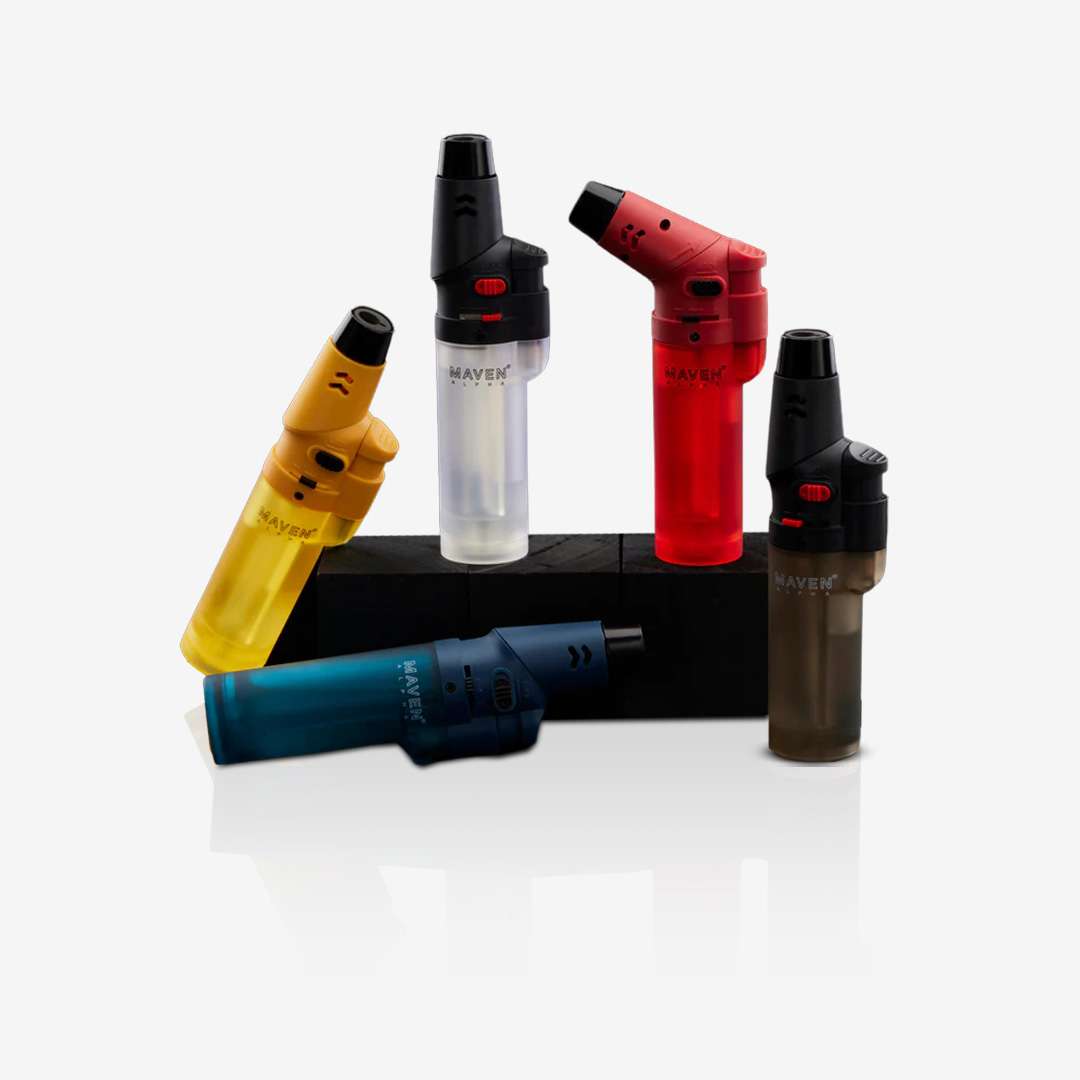 Alpha+ Transparent Collection – 5 Pack Alpha+ Transparent Torch Lighter – 5 Pack with adjustable 8-position head and windproof jet flame, refillable butane lighters in transparent Black, Red, Blue, Green, and White. Ideal for wholesale smoke shops.