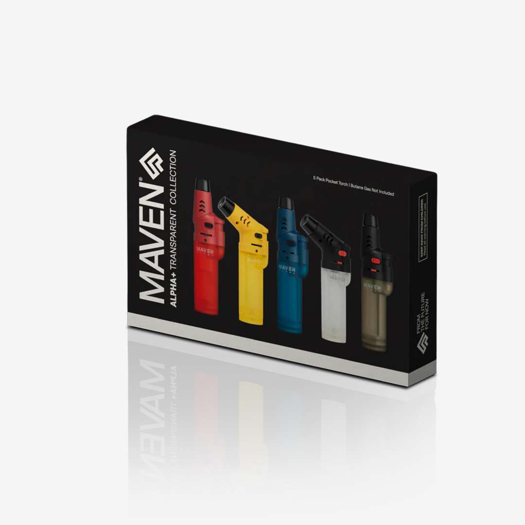 Alpha+ Transparent Collection – 5 Pack Alpha+ Transparent Torch Lighter – 5 Pack with adjustable 8-position head and windproof jet flame, refillable butane lighters in transparent Black, Red, Blue, Green, and White. Ideal for wholesale smoke shops.
