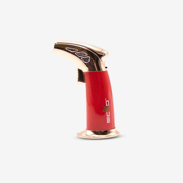 Sicko SKO-005 Torch Lighter in six bold colors—wind-resistant, refillable jet flame butane lighter with ergonomic grip, shown in Red, Yellow, Orange, Black, Blue, and Grey.