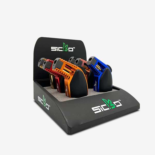 Sicko SKC-004 Torch Lighter – Windproof refillable butane lighter with adjustable flame and premium metal finish in Gunmetal, Red, Blue, Gold, and Silver, ideal for wholesale and retail use.