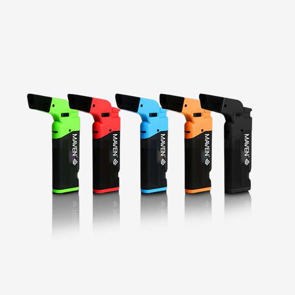 Maven Popper – 5 Pack Maven Popper Torch Lighter – 5 Pack of compact, windproof jet flame lighters in Black, Red, Blue, Green, and Orange. Ideal for smoke shop wholesale supply and portable use.