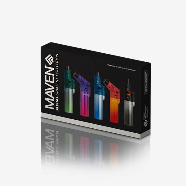 Alpha+ Gradient Collection – 5 Pack Alpha+ Gradient 5-Pack Refillable Torch Lighters – Windproof jet flame with 8-position adjustable head, gradient finish, and safety features. Ideal for wholesale.