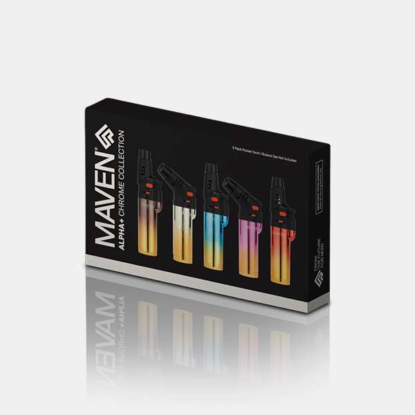 Alpha+ Chrome Collection – 5 Pack Alpha+ Chrome 5-Pack Butane Torch Lighters – Windproof flame, 8-position adjustable head, chrome finish, and refillable design. Ideal for wholesale and retail use.