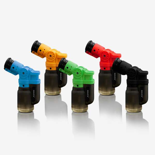 MAVEN Tuner Torch Lighter – 5 Pack of sleek, refillable jet flame lighters in Black, Red, Blue, Green, and White. Ideal for personal use and wholesale smoke shop supply.