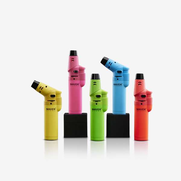 Alpha+ Neon Torch Lighter 5-Pack – Refillable butane lighters with windproof flame, 8-position adjustable head, and safety lock. Ideal for wholesale and retail.