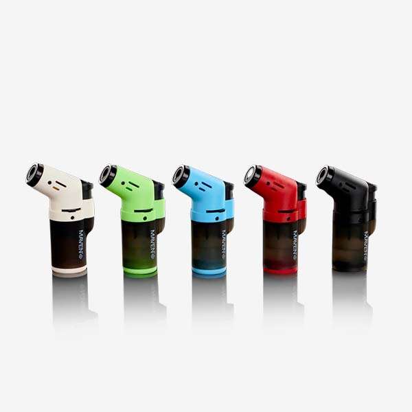 Alpha Mini Transparent Torch Lighter – 5 Pack of compact, refillable lighters with jet flame and transparent tank in Black, Red, Blue, Green, and White. Ideal for smoke shop wholesale.