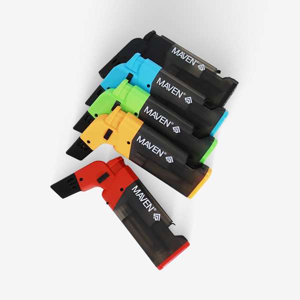 Maven Popper Torch Lighter – 5 Pack of compact, windproof jet flame lighters in Black, Red, Blue, Green, and Orange. Ideal for smoke shop wholesale supply and portable use.