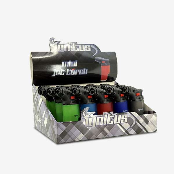 Ignitus Mini Jet Torch – Refillable pocket-size lighter with windproof flame, available in Green, Light Blue, Black, Blue, and Red for wholesale smoke shop supply.