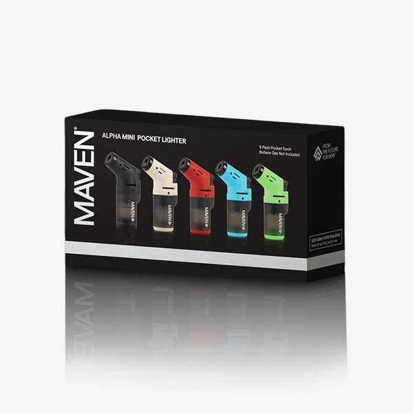 Alpha Mini Transparent – 5 Pack Alpha Mini Transparent Torch Lighter – 5 Pack of compact, refillable lighters with jet flame and transparent tank in Black, Red, Blue, Green, and White. Ideal for smoke shop wholesale.
