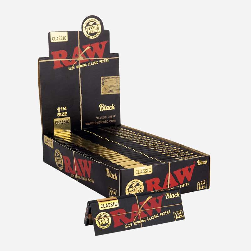 RAW Black Classic 1-1/4 Rolling Papers by RAW – distributed by Pipe420 – wholesale rolling papers distributor Los Angeles, CA – rolling papers and wraps supplier CA