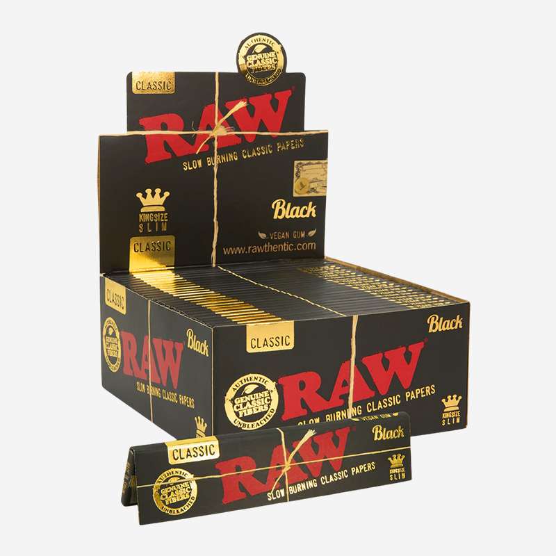 RAW Black Classic King Size Slim Rolling Papers by RAW – distributed by Pipe420 – wholesale rolling papers distributor Los Angeles, CA – rolling papers and wraps supplier CA