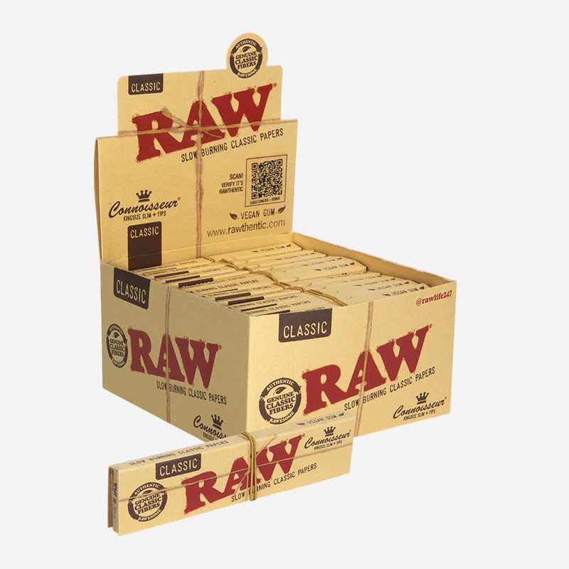 RAW Classic Connoisseur 1-1/4 Rolling Papers with Tips by RAW – distributed by Pipe420 – wholesale rolling papers distributor Los Angeles, CA – rolling papers and wraps supplier CA